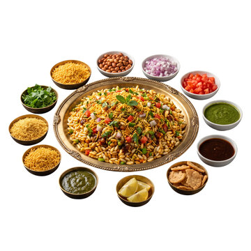 Large Handcrafted Brass Platter Bhel Puri with Toppings Isolated on Transparent Background