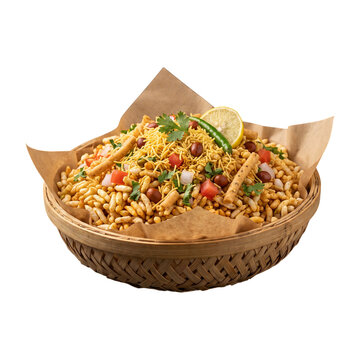 Fresh Indian Bhel Puri Served in Basket Isolated on Transparent Background