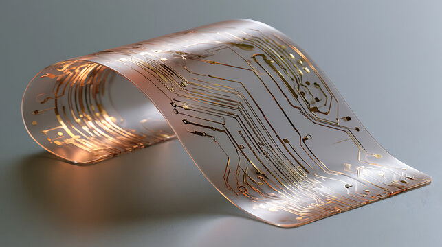 Flexible transparent circuit board with gold metallic traces in macro view