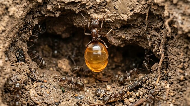 Honeypot ant with swollen abdomen in underground nest