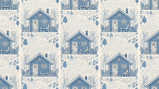 Ireland pattern with detailed wood cabin illustration and nature motifs folklore heritage traditional cultural seamless