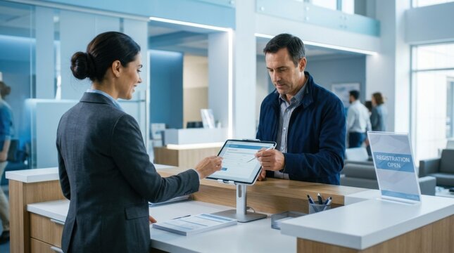 Professional Interaction At A Modern Reception Desk