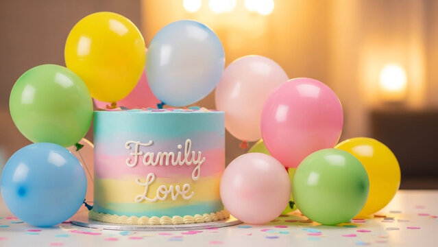 Family Love text script title on rainbow pastel colored birthday cake decoration surrounded by vibrant shiny balloons bunch and party confetti sprinkle scattered on white table setup background.