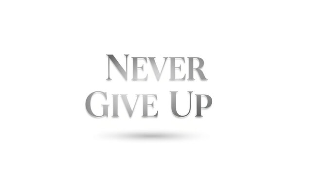 Never Give Up short text title typography quote in silver metallic steel font style with drop shadow effect, isolated on clean minimal white studio background graphic vector design element.