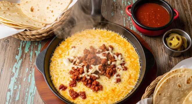 Delicious Mexican queso dip with tortillas.