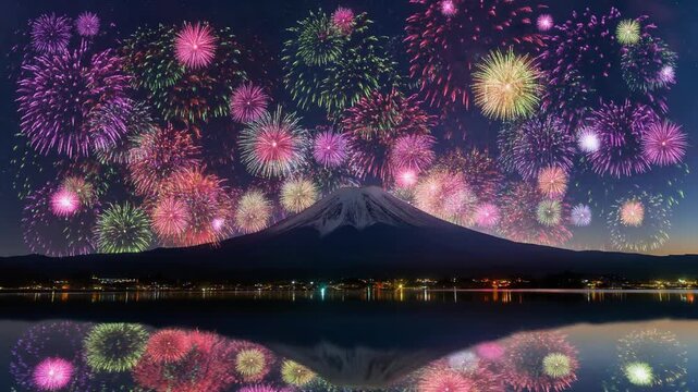 富士山と打ち上げ花火の夜景動画
