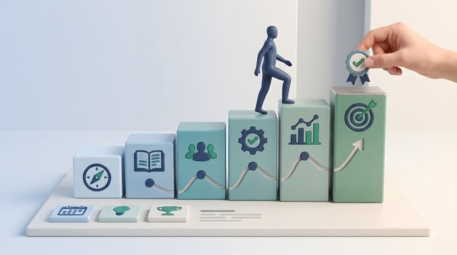 Gamified corporate training and onboarding process showing stylized 3D figure climbing block stairs to receive a success badge