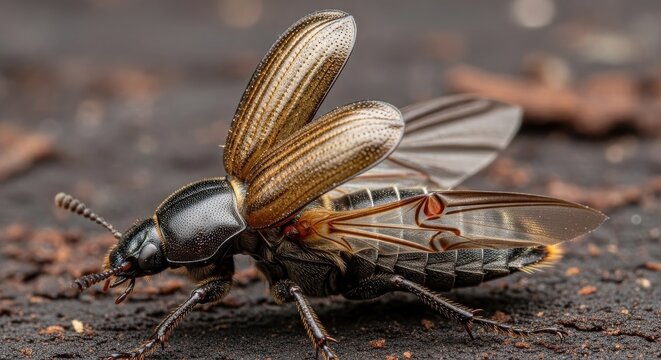 Rove Beetle Showing Open Elytra and Wings on Textured Ground