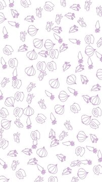A clean and modern seamless pattern featuring delicate light purple line art illustrations of vegetables like onions and carrots on a crisp white background. Perfect for food-related designs,