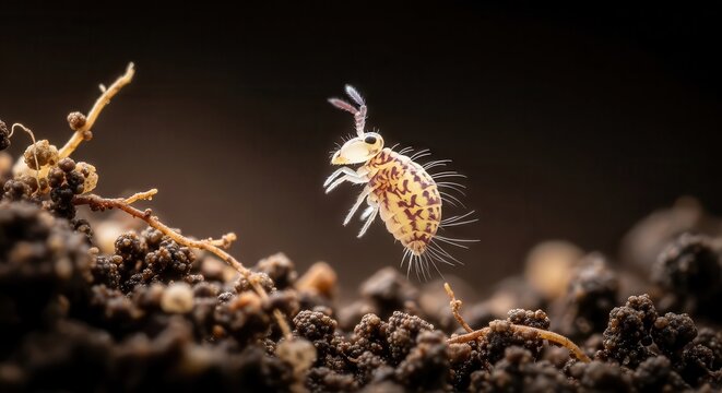 Tiny Springtail Insect Mid-Jump Over Textured Soil