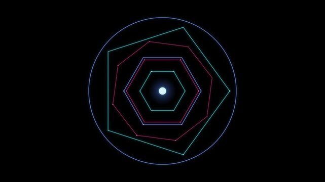 A futuristic tunnel created from nested neon polygons on a seamless black background.