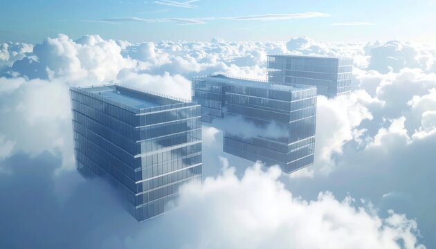 Modern office buildings floating on clouds.