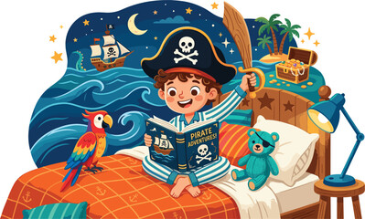 Cute little boy in pajamas reading a story book on bed imagining fantasy pirate adventure with ship parrot and treasure chest vector illustration