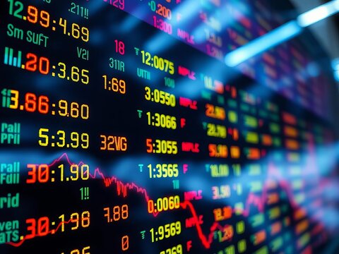 Fluctuating stock prices displayed on a ticker tape, fluctuations, financial