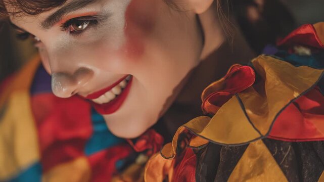 A jester performing at night with colorful clothing and makeup, looking downwards with a smile on their face.