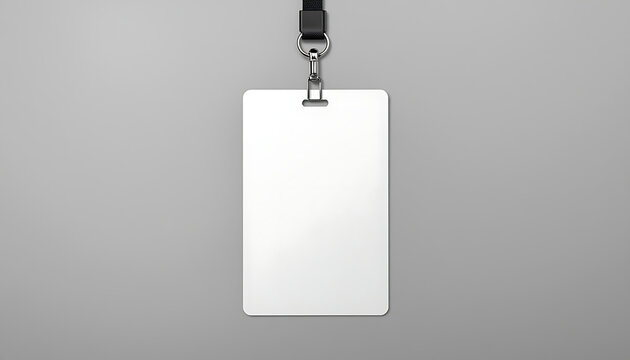 Blank vertical id badge mockup with black lanyard, realistic plastic name tag holder template for corporate event, conference or security pass