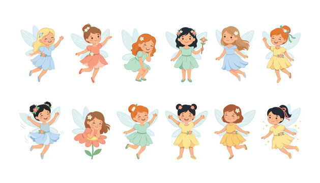 Cute little fairy girls character set with happy cartoon forest pixies flying dancing and holding flowers flat vector illustration on white background