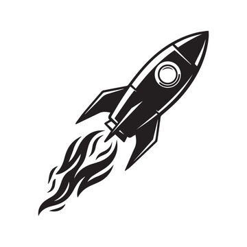 Minimalist black and white rocket launch vector illustration, retro spaceship with fire trail startup symbol
