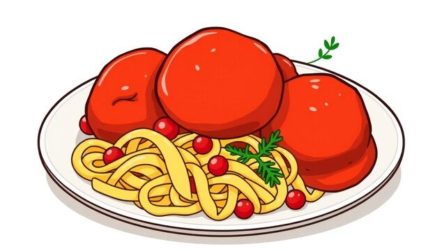 A plate of delicious spaghetti pasta served with large red meatballs and fresh green herbs in a cartoon illustration style