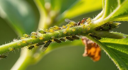 Fototapeta premium Cluster of Aphids Infesting a Young Plant Stem