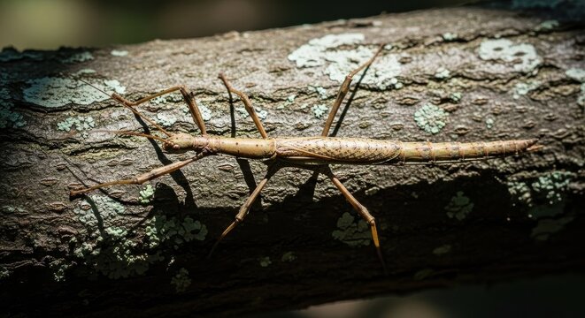 Stick insect perfectly camouflaged on a textured tree branch
