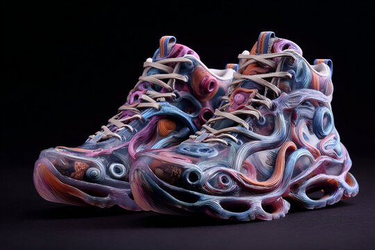 Futuristic abstract sculpted sneakers made of transparent glass and colorful swirling sand patterns, modern high top running shoes creative conceptual design isolated on dark background wallpaper.
