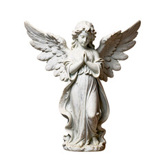 Fototapeta premium Praying angel with wings stands in front of a white background looking down