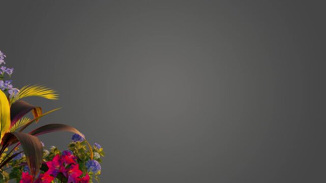 Flowers arranged in a vibrant corner cluster provide a decorative botanical border against a solid dark gray background that offers extensive copy space for professional graphic design compositions.