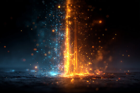 Vertical flame line beam effect with clashing blue fire and orange glowing sparks, dark mystical ground background with energy explosion particles and neon neon light ray frame abstract backdrop.