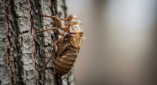 Cicada Exoskeleton Clinging to Tree Bark During Molting