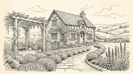 Fototapeta premium Hand-Drawn Illustration of a Cozy English Country Cottage with a Lush Garden and Rustic Pergola in a Peaceful Rural Landscape
