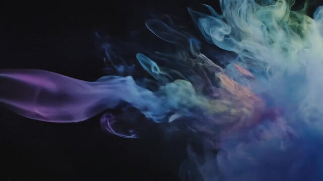 Vibrant plumes of purple, blue, and green smoke swirl gracefully against a deep black background, creating an ethereal and abstract visual effect.