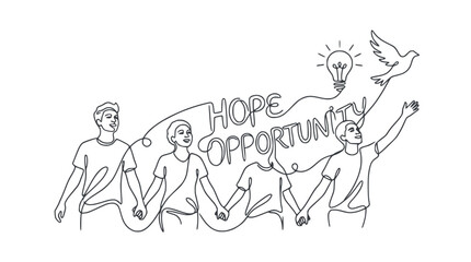 Obraz premium Diverse group holding hands, embracing hope and opportunity with lightbulb and dove