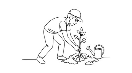 Boy planting a tree seedling in continuous line art style, with watering can and shovel © Hujan