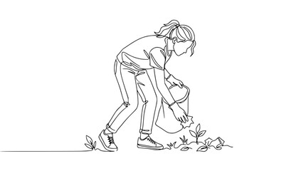 Obraz premium Young Woman Planting Seedlings in Garden, Minimalist Line Art Style