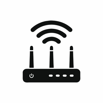 Black Wi-Fi router icon with wireless signal waves and three antennas, minimalist internet modem symbol isolated on a white background