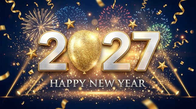 Elegant Happy New Year 2027 horizontal banner featuring 3D silver numbers with a metallic golden balloon zero, sparkling fireworks, glowing lights, and golden confetti on a dark blue backdrop.