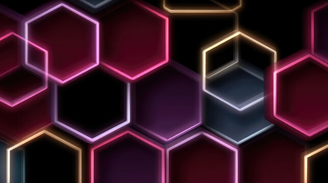 Neon hexagon shapes glowing in pink, purple, and yellow on dark background, creating modern geometric abstract pattern