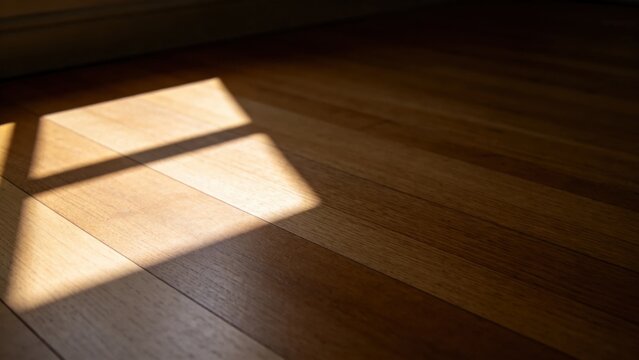Window light creating rectangular patches on polished wood f