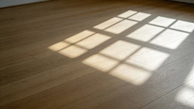Window shadow patterns dancing on wooden floor in gentle bre