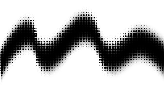 Dynamic halftone dotted wave, monochrome abstract line, ribbon pattern. Curved fluid line with halftone design effect. Backdrop, background pattern. Overlay texture. Vector abstract background. JPEG.