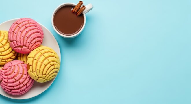 Colorful concha bread and hot chocolate.
