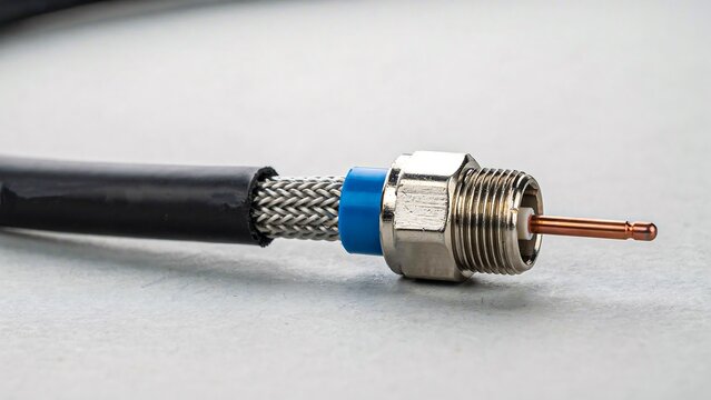 Coaxial cable connector close up isolated on white background for telecommunications technology