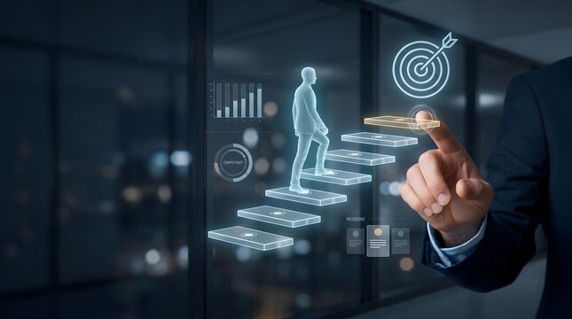 Executive milestone planning and competency tracking on futuristic holographic business staircase with target