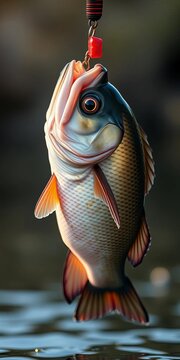 A fat chub with a bright pink mouth, caught on a bait fishing hook, hook, summer