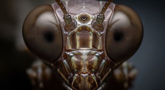 Extreme Macro View of a Praying Mantis Head and Compound Eyes