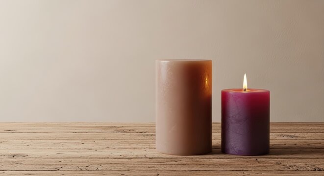 Two Candles on a Wooden Table with a Lit Flame.