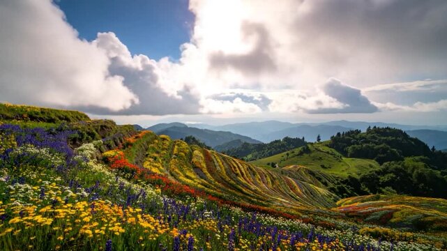 Lush mountain landscape with vibrant, tiered flower beds under a bright sky