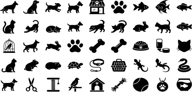 Pet Shop and Veterinary Care Vector Icon Set with Dogs Cats Fish Birds Reptiles Bones Grooming Tools and Domestic Animal Accessories Symbols
