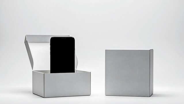Blank smartphone mockup with premium product packaging boxes on white background